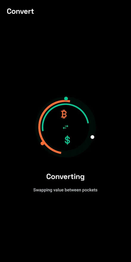 Duality convert screen: orange and green orbital rings around bitcoin and dollar symbols while swapping value between pockets.