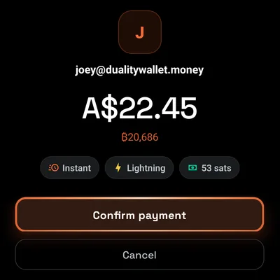 A payment ready to confirm: A$22.45 to joey@dualitywallet.money, marked Instant, over Lightning, with a 53 sats fee shown before you tap Confirm.