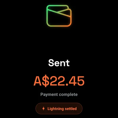 The payment done: Sent, A$22.45, payment complete, Lightning settled.