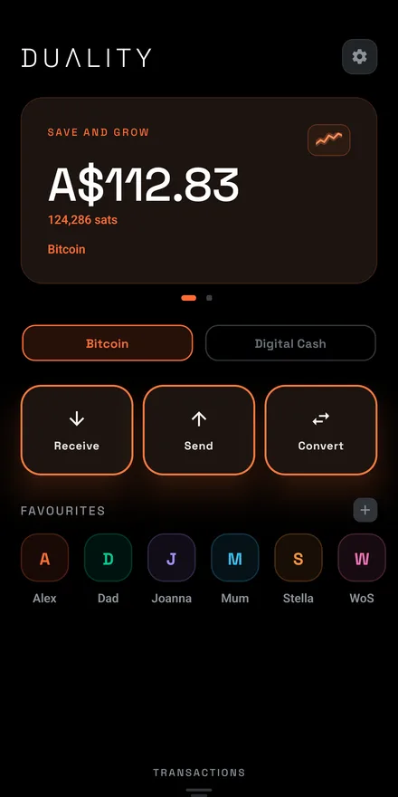 Duality home screen with the Bitcoin pocket active: an orange Save and Grow card showing A$112.83 and 124,286 sats, above glowing Receive, Send and Convert buttons.