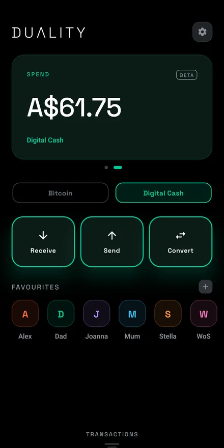 Duality home screen with the Digital Cash pocket active: a green Spend card showing A$61.75 with green glowing action buttons.
