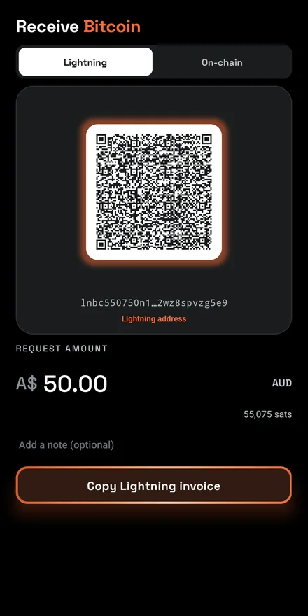 Receive Bitcoin screen with a glowing QR code for a Lightning invoice requesting A$50.00, about 55,075 sats.