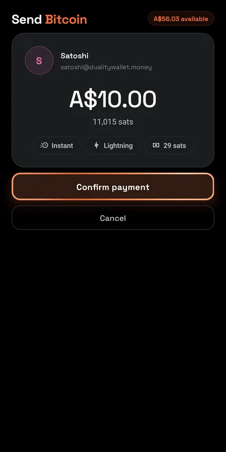 Send Bitcoin confirmation screen: paying Satoshi A$10.00 over Lightning, instant, with a 29 sats fee shown up front.