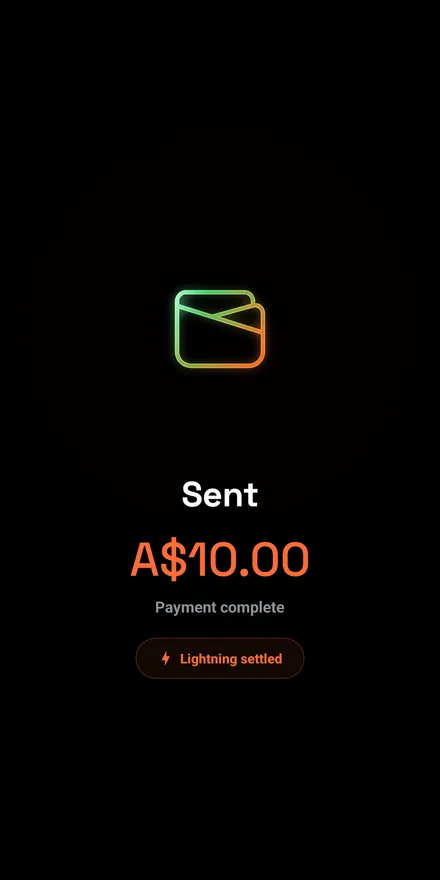 Payment success screen: a glowing wallet icon above the words Sent, A$10.00, payment complete, Lightning settled.